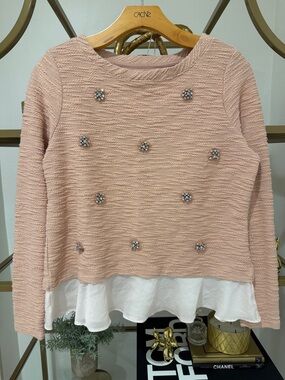 Maison Jules Blush Pink Jewel-Embellished Layered Hem Top